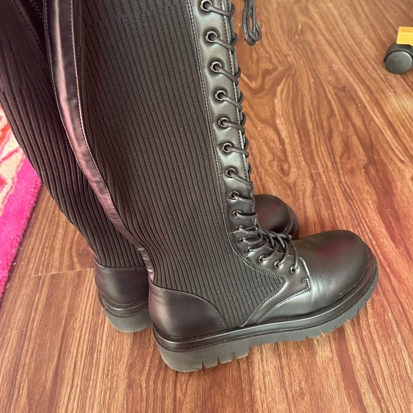 Black Pu Contrast Knitted Lace Up Knee Chunky Boots - Picture 8 of 11